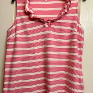 Crown & Ivy ruffed collar sleeveless pink & white stripped top Large